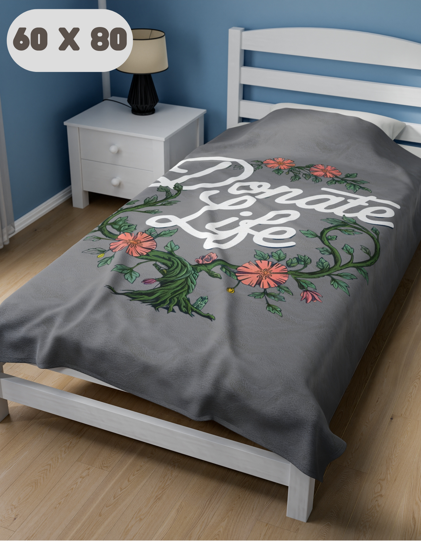 Donate Life Comfort Blanket with Vine and Flowers Design, Velveteen Plush Blanket