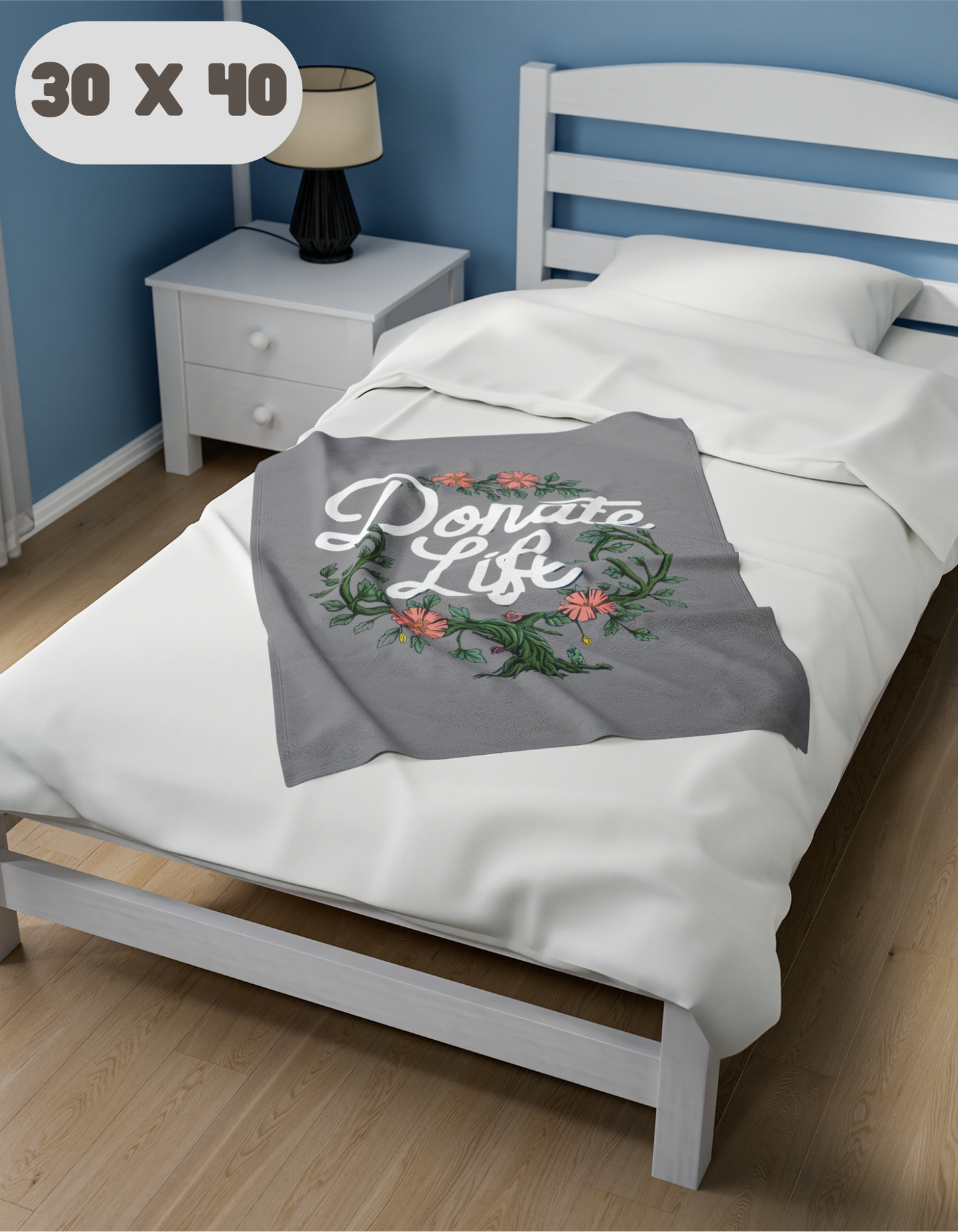 Donate Life Comfort Blanket with Vine and Flowers Design, Velveteen Plush Blanket
