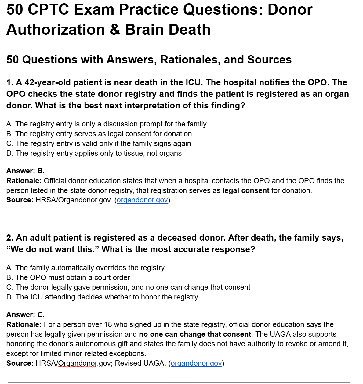 Donor Authorization & Brain Death - 50 CPTC Exam Practice Questions – July 2026 Updated Outline