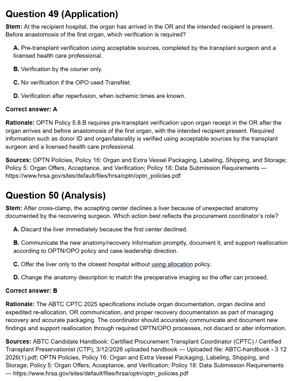 Organ Recovery & Preservation - 50 CPTC Exam Questions (July 2026 Edition)