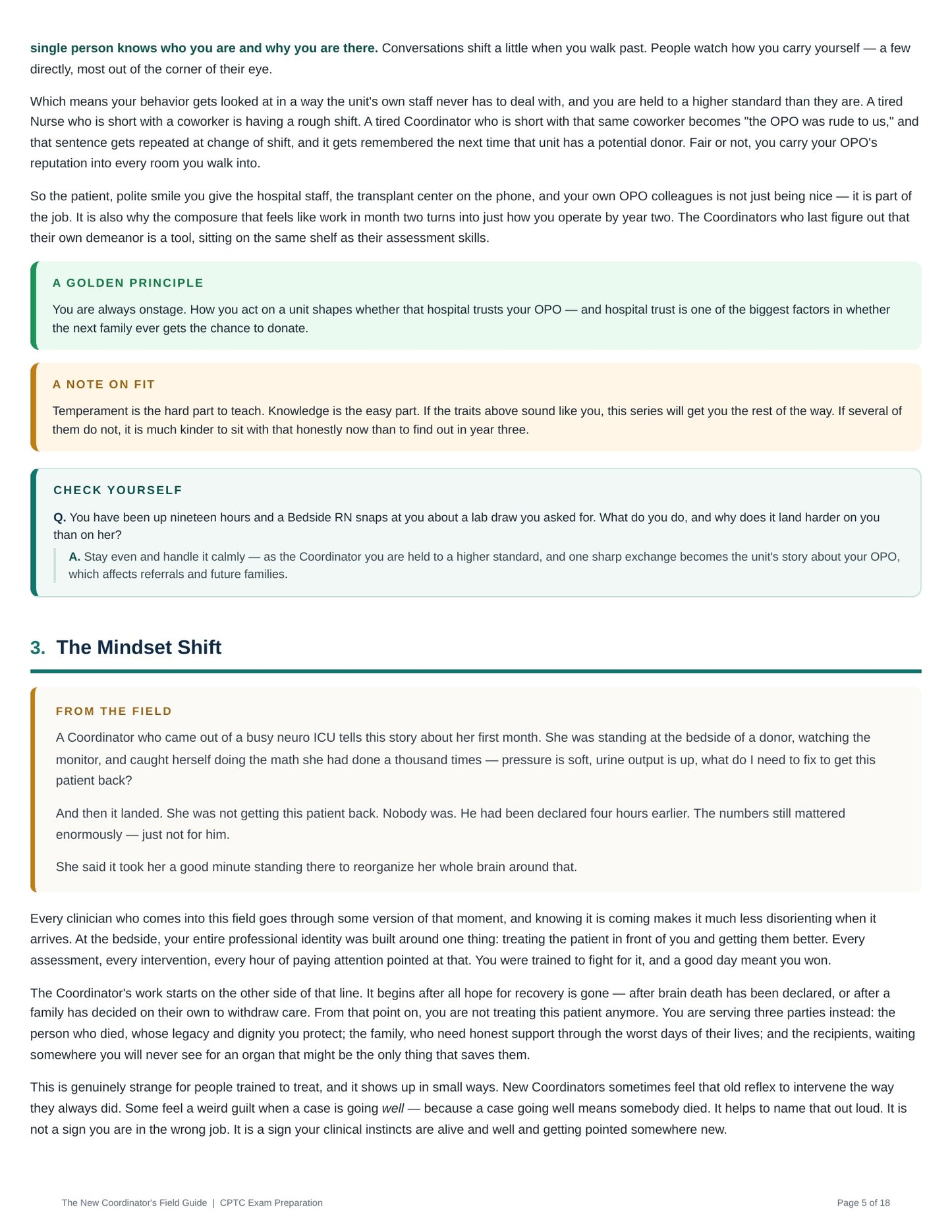 Page 5 preview explaining the mindset shift for new organ procurement coordinators