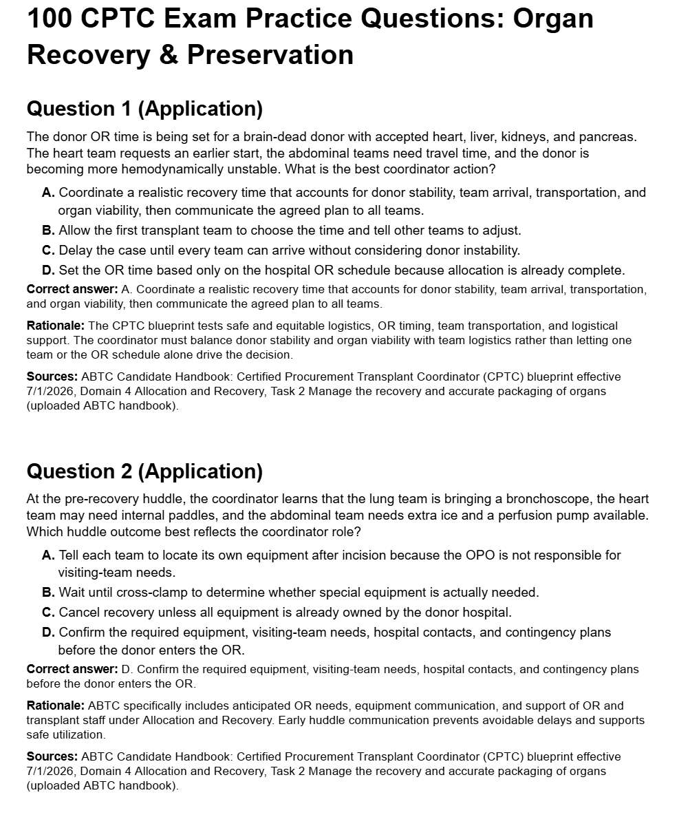 Organ Recovery & Preservation - 100 CPTC Exam Practice Questions (July 2026 Edition)