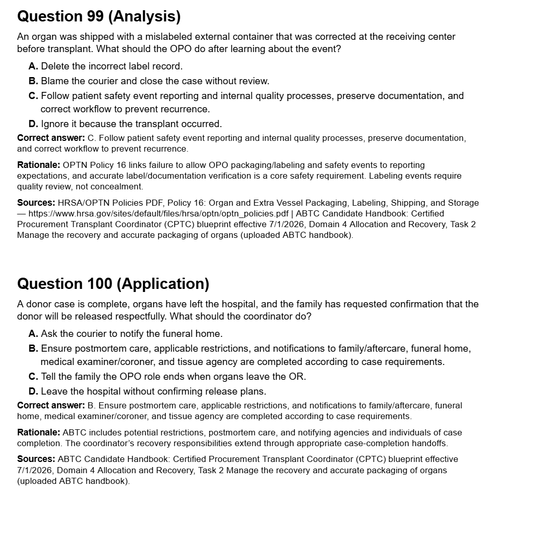 Organ Recovery & Preservation - 100 CPTC Exam Practice Questions (July 2026 Edition)
