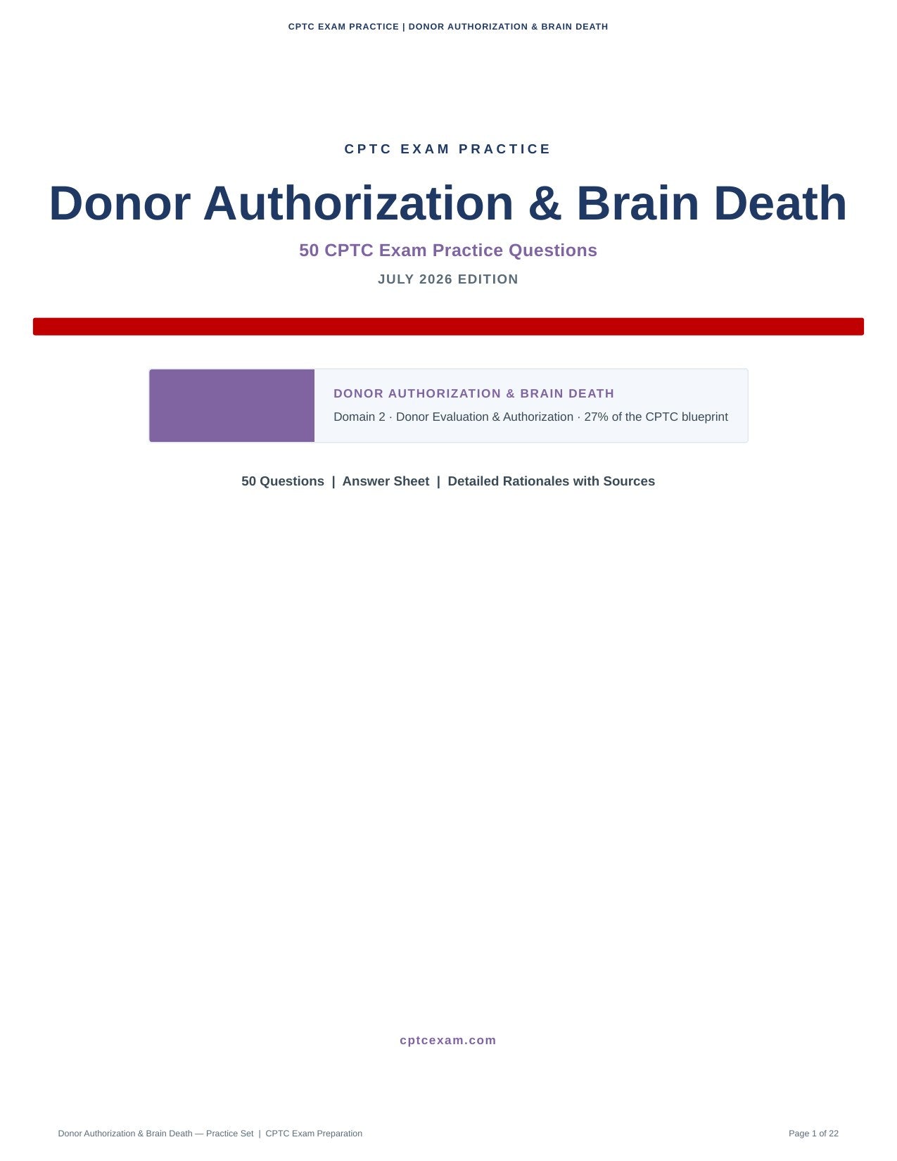 Donor Authorization & Brain Death - 50 CPTC Exam Practice Questions (July 2026 Edition)