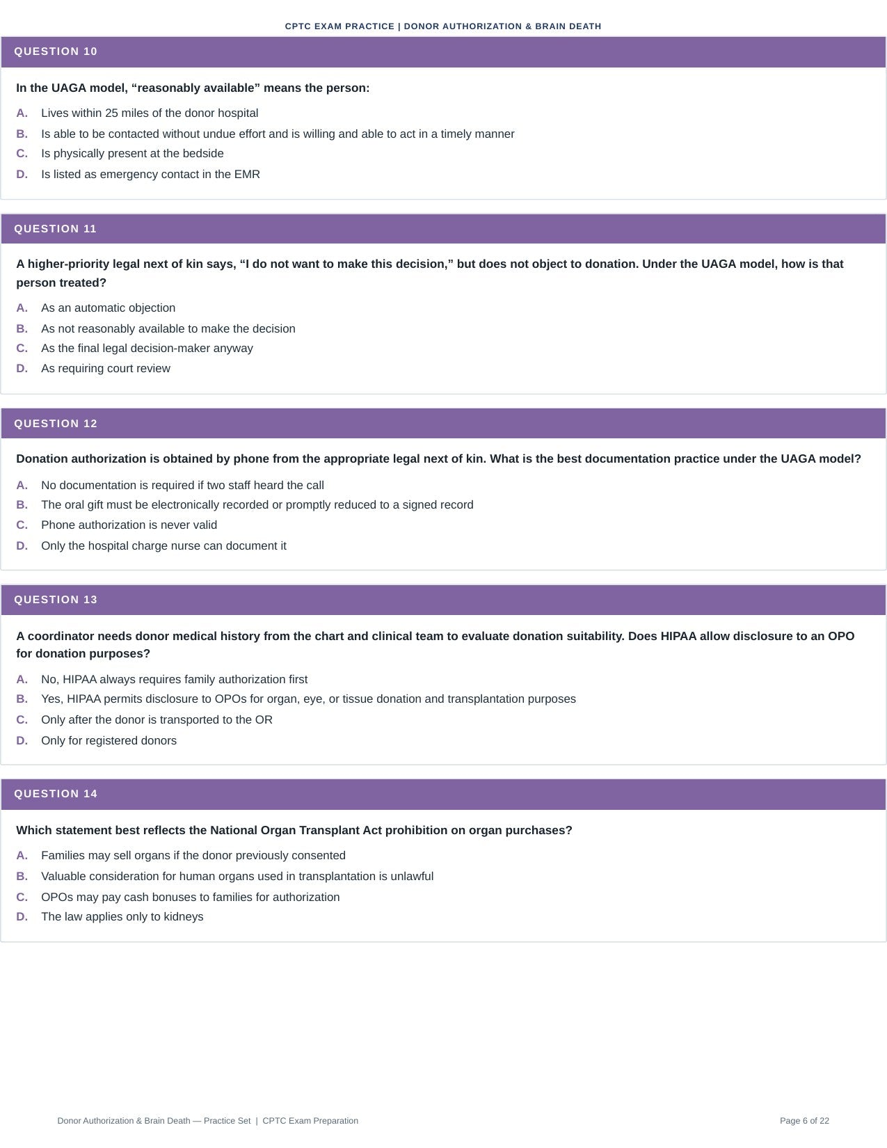 Donor Authorization & Brain Death - 50 CPTC Exam Practice Questions (July 2026 Edition)