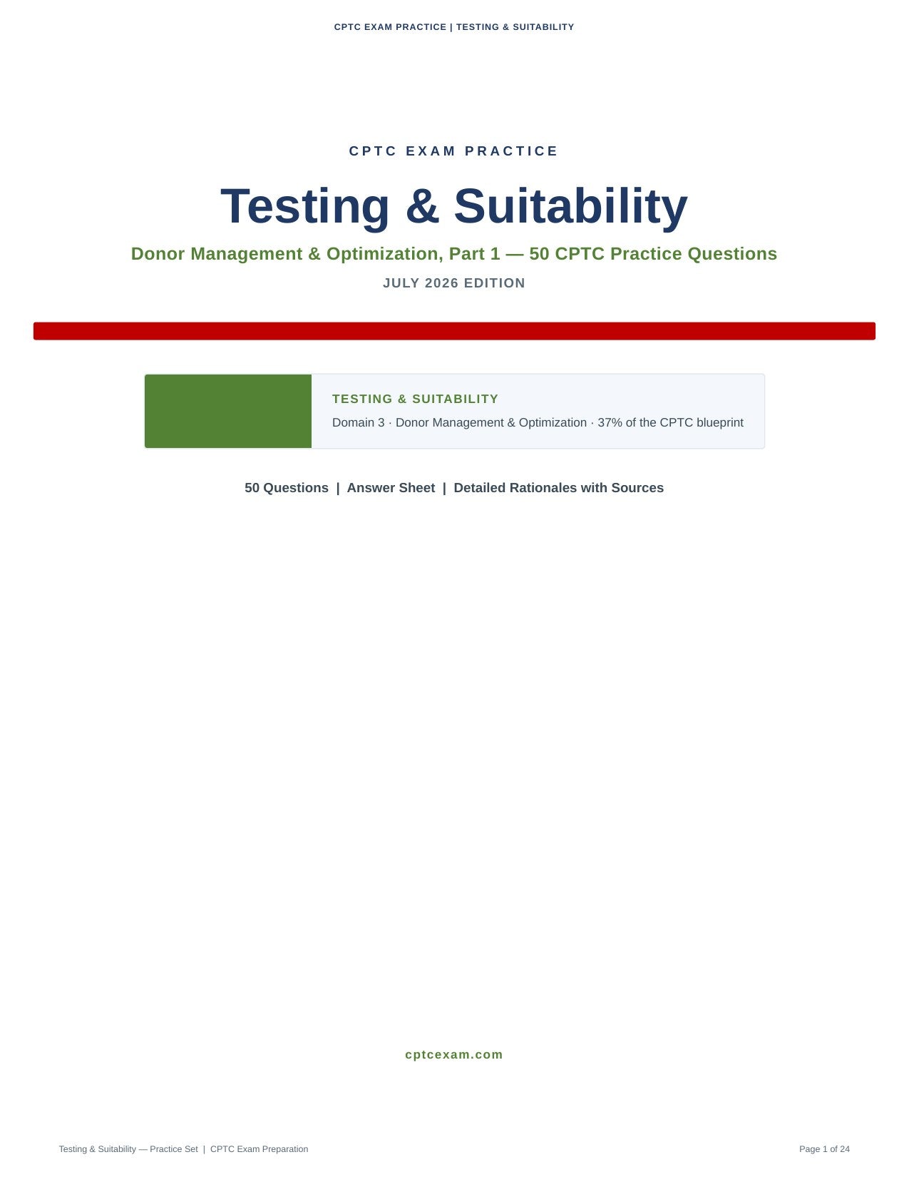 Donor Management and Optimization (Part 1) - Testing and Suitability - 50 CPTC Practice Questions (July 2026 Edition)