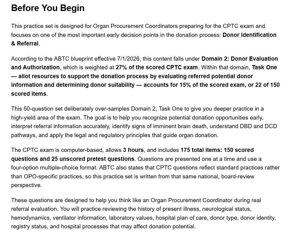 Donor Identification & Referral - 50 CPTC Practice Questions (July 2026 Edition)