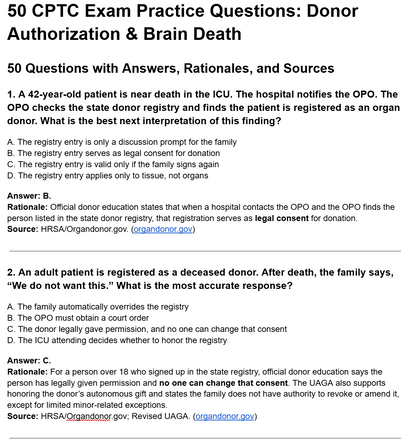 Donor Authorization & Brain Death - 50 CPTC Exam Practice Questions – July 2026 Updated Outline