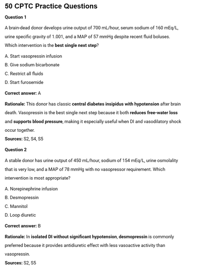 Donor Management and Optimization (Part 2) -Optimizing Organ Function - 50 CPTC Practice Questions (July 2026 Edition)