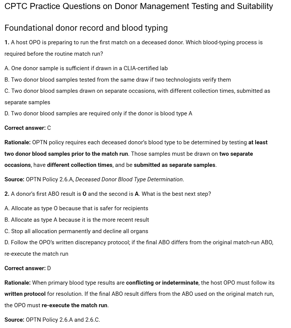 Donor Management and Optimization (Part 1) - Testing and Suitability - 50 CPTC Practice Questions (July 2026 Edition)