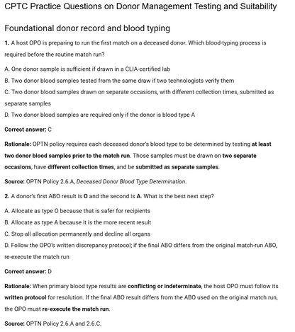 Donor Management and Optimization (Part 1) - Testing and Suitability - 50 CPTC Practice Questions (July 2026 Edition)